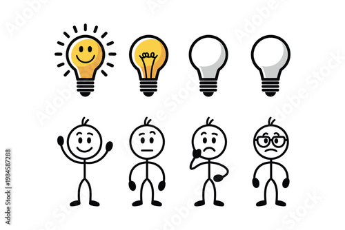 A collection of simple linear icons depicting lightbulbs and stick figures representing ideas and emotions on transparent background high-quality professional.