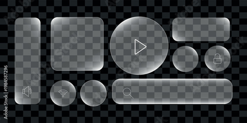 Glossy gray transparent glassy buttons and icons for ui design and technology on a checkered background with play, lock, search, wifi, and volume symbols vector.