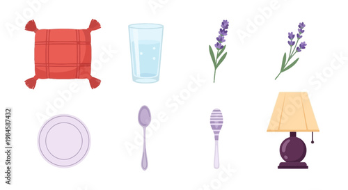 Breakfast Table Setting with Lavender Flowers and Tableware