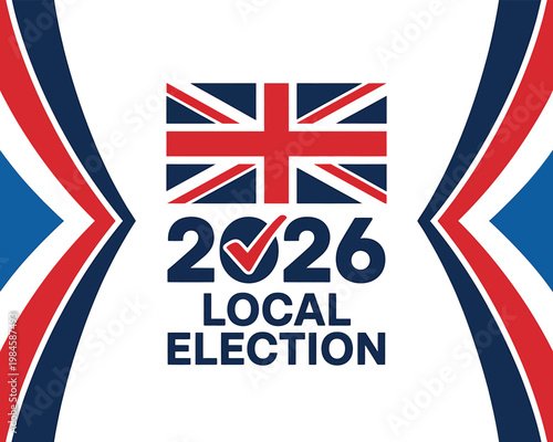 United kingdom local election 2026 banner featuring union jack flag and check mark icon on transparent grid background for voters.