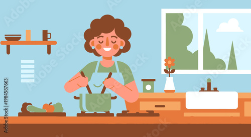 A woman cooking in a kitchen.