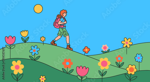 a cartoon girl hiking on a hill.