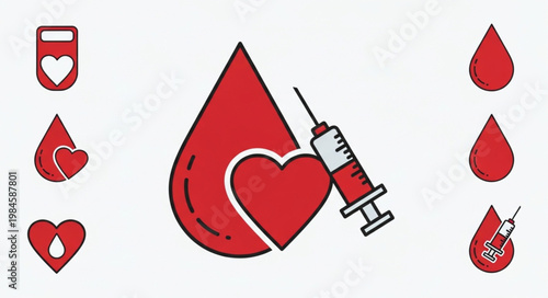 Blood donation concept with heart and syringe icons.