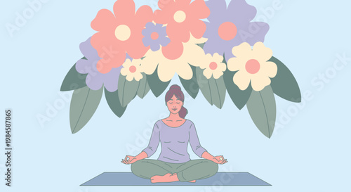 Woman meditating in lotus position with flowers.