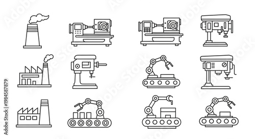 Industrial manufacturing equipment and factory icons set.