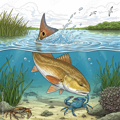 Redfish hunting blue crab in shallow water habitat vector illustration,