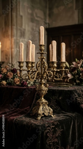 Ornate antique candelabrum with dripping candles on velvet altar in dim cathedral interior.