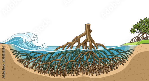 Mangrove tree with extensive root system in coastal environment illustration
