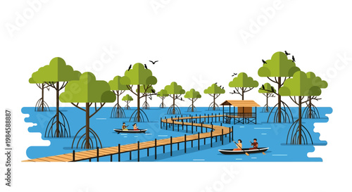 Illustration of mangrove forest with wooden walkway and boats