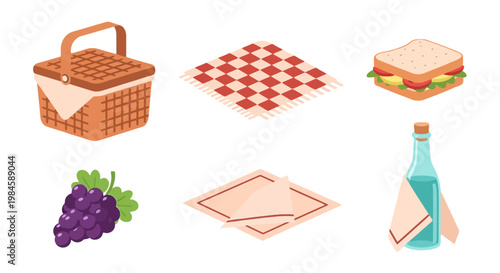 Picnic Set with Basket, Checkered Blanket, Sandwich, Grape, Napkins, and Drink