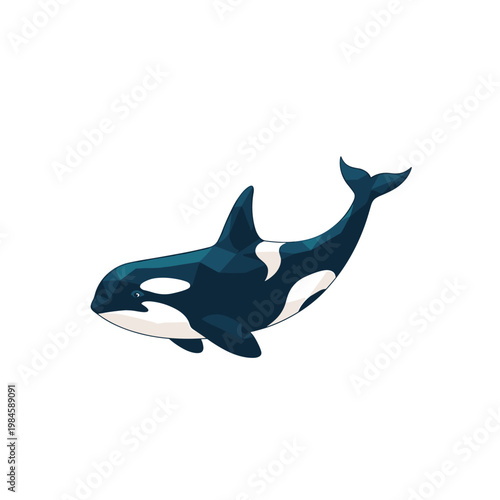 Stylized killer whale swimming with geometric details on a white background
