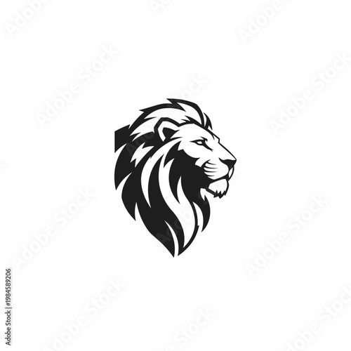Stylized black and white lion head in profile with bold mane