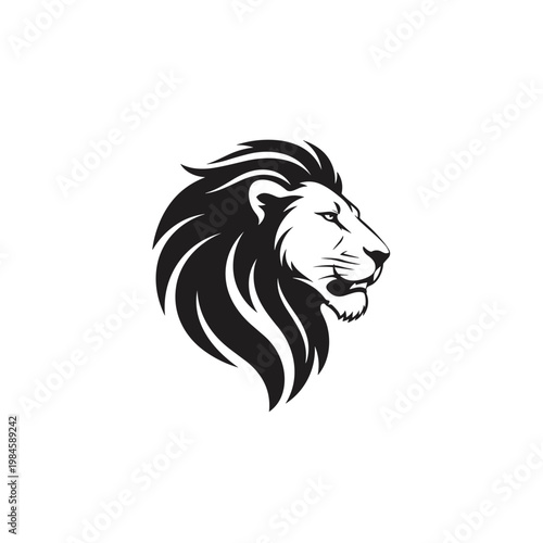 Stylized black and white lion head in profile with majestic mane