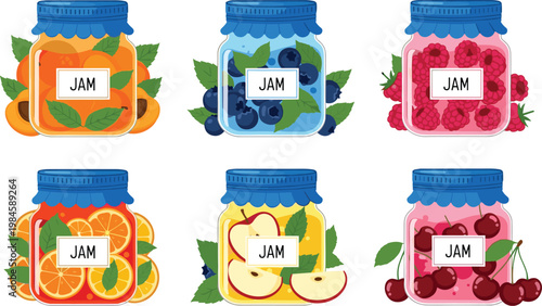 Fruit Jam Jar Collection with Orange Blueberry Raspberry Apple and Cherry Preserves Sweet Food Packaging Vector Illustration Set