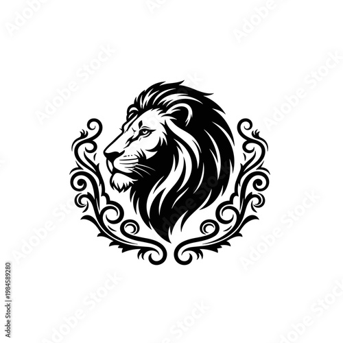 Stylized black and white lion head in profile with ornate decorative frame