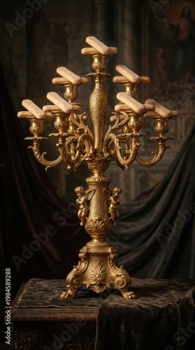 Ornate gilded antique candelabra featuring bird figurines on pedestal.