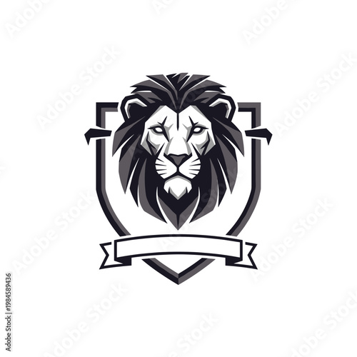 Stylized black and white lion head logo with a shield and banner