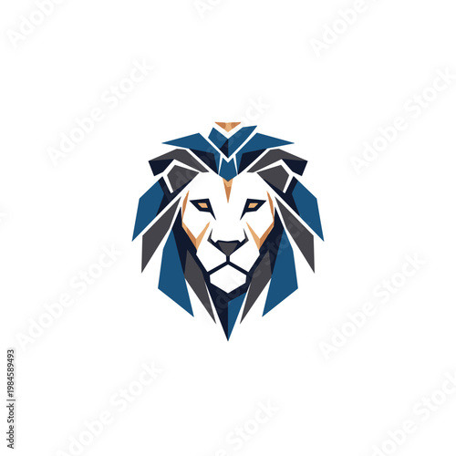 Stylized geometric lion head logo with blue and golden colors