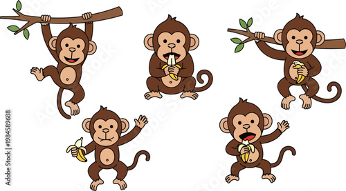 Set of Cute Cartoon Monkeys Character Vector Illustration in Various Poses Eating Banana and Hanging on Tree Branch