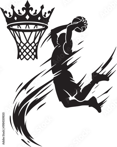 Silhouette of a basketball player dunking with a crown on a basketball hoop basketball silhouette athletic competitive training champion challenge strength