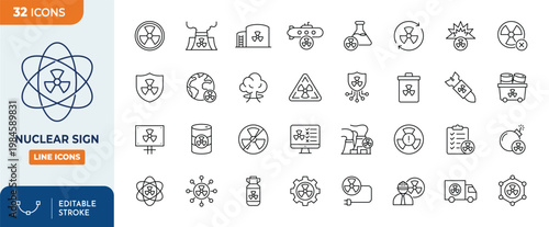 Nuclear sign icon set. Editable stroke. Vector illustration