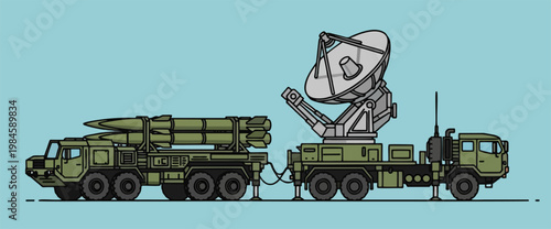 Military tactical missile launcher truck paired with an advanced radar detection system illustration.