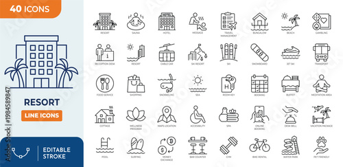 Resort icon set. Containing vacation, recreation, holiday, travel, tourism, hotel, beach, wellness, and more. Editable stroke. Vector illustration