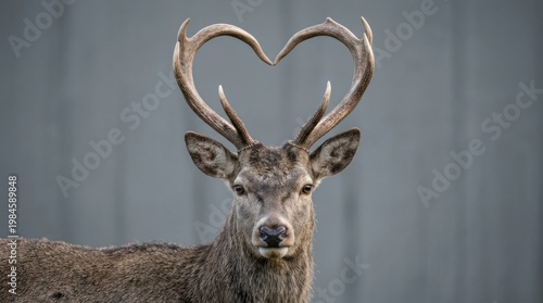 Stag with heart shaped antlers standing calmly against neutral backdrop.