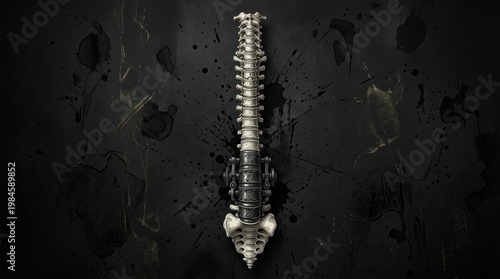 Close-up metallic screw head and threaded shaft on dark textured background.