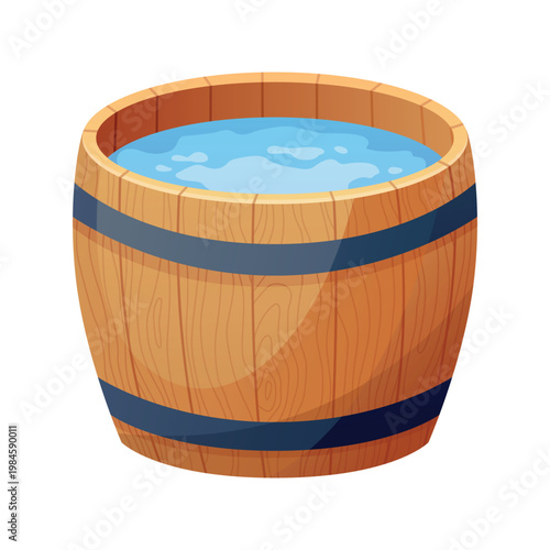 Wooden bath. Wood tub, cartoon rustic water bath barrel for public sauna traditional banya or onsen japanese hot spring, wellness relaxing bathtub basin neat vector illustration of tub bath wooden