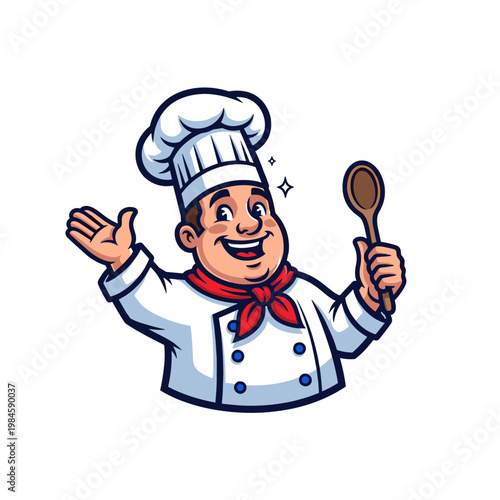 Smiling cartoon chef holding a wooden spoon and waving cheerfully