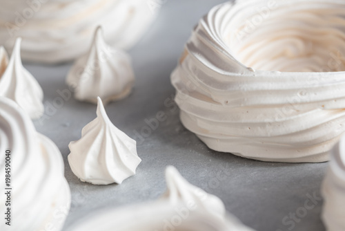 Pavlova and different shapes of white meringue