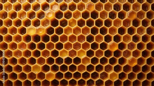 Close-up of golden honeycomb hexagonal wax cells inside beehive.