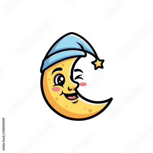 Smiling cartoon crescent moon wearing a nightcap and winking