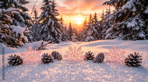 Snowy pinecones on a pristine forest floor at golden winter sunset.