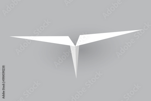 Paper plane model. Origami handmade aircraft view. Vector white paper airplane with shadow, isolated on gray background