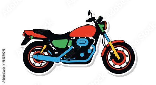 Colorful Motorcycle Vector Illustration, Flat Design Motorbike Graphic for Transportation and Travel Concepts, Isolated Side View Cruiser Bike Icon