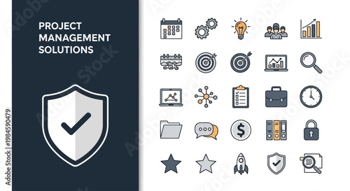 Project management solutions with security shield and business icons set.