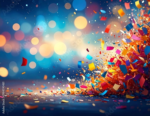 Colorful Confetti Explosion Over Blurred dark blue Background for Party Celebration and Festive Events