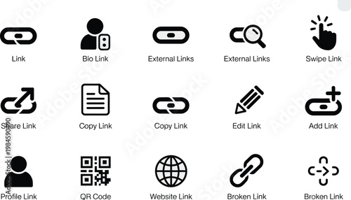 Link icons bio external website QR edit share add remove save vector illustration representing modern UI interface navigation and digital communication system
