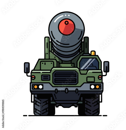 Modern front view illustration of a robust military truck equipped with a powerful missile launcher.