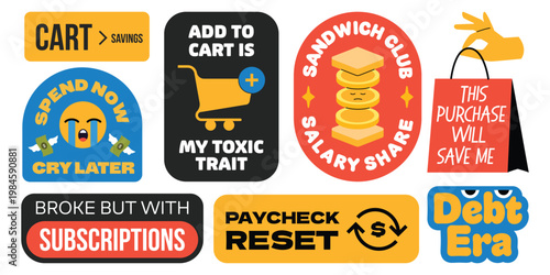Set of finance shopping sarcasm stickers collection.