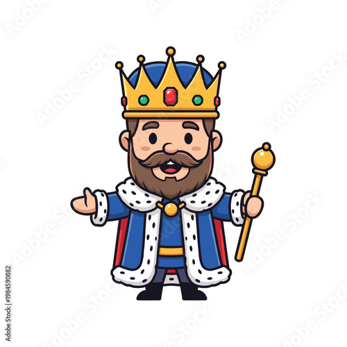 Smiling cartoon king character wearing a crown and royal robe