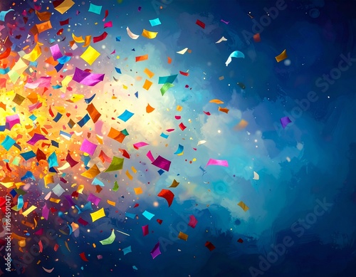 Colorful Confetti Explosion Over Blurred dark blue Background for Party Celebration and Festive Events