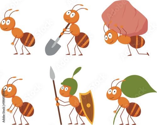 Cartoon ants characters set, cute insect workers with tools for fun illustration