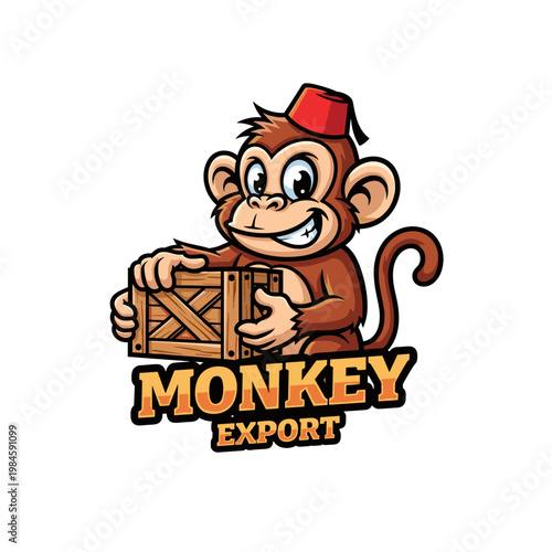 Smiling cartoon monkey character wearing a red fez and holding a wooden crate