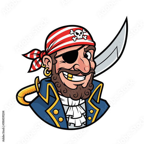 Smiling cartoon pirate character with eyepatch bandana and gold tooth holding a cutlass