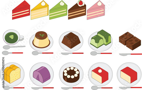 Cake and Dessert Portion Collection with Sliced Cakes Pudding Chocolate Matcha and Sweet Plates Cafe Menu Vector Illustration Set