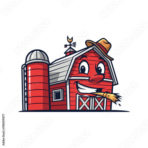 Smiling cartoon red barn character with silo wearing a straw hat and chewing straw