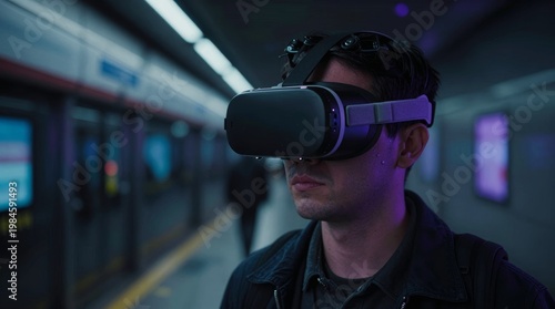 Young Man Wearing Virtual Reality Headset in Subway Station Environment